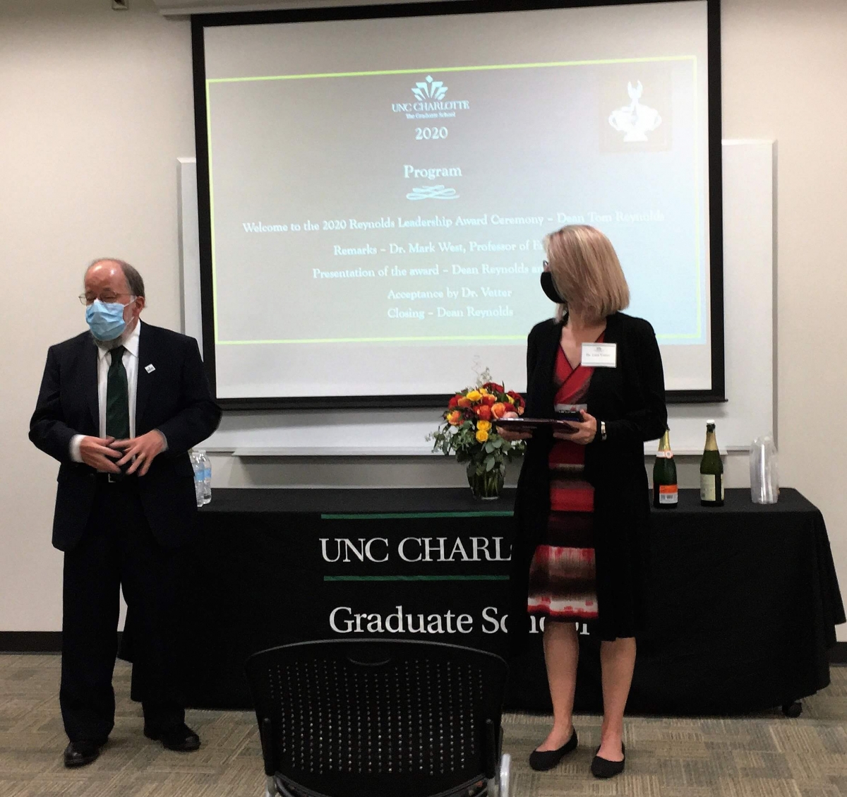 Dean Reynolds presents Dr. Lara Vetter with the Reynolds Leadership Award for 2020.